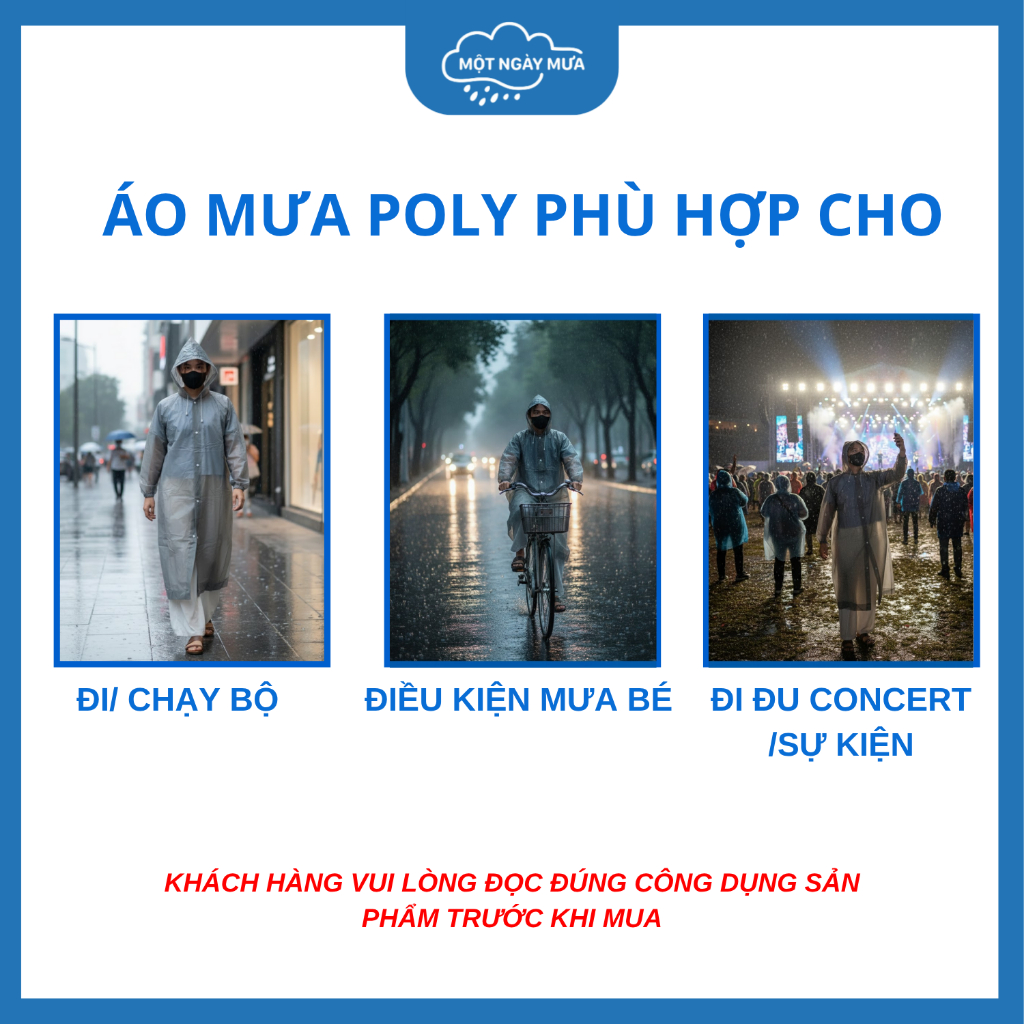 Áo Mưa 1 Người (Bít Toàn Thân) - Vải Poly Mỏng Mềm, Không Thấm, Không Mùi Dùng Nhiều Lần (tiết kiệm)