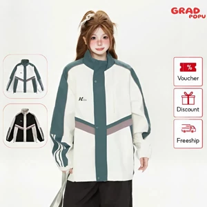 Áo khoác cổ đứng nữ GRADPOPU phong cách Mỹ – Áo gió thể thao chắp vá cao cấp, dáng rộng unisex AK100
