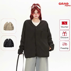 Áo khoác GRADPOPU phong cách Nhật Bản – Thiết kế thêu túi trơn, dáng rộng đơn giản cổ điển AK97