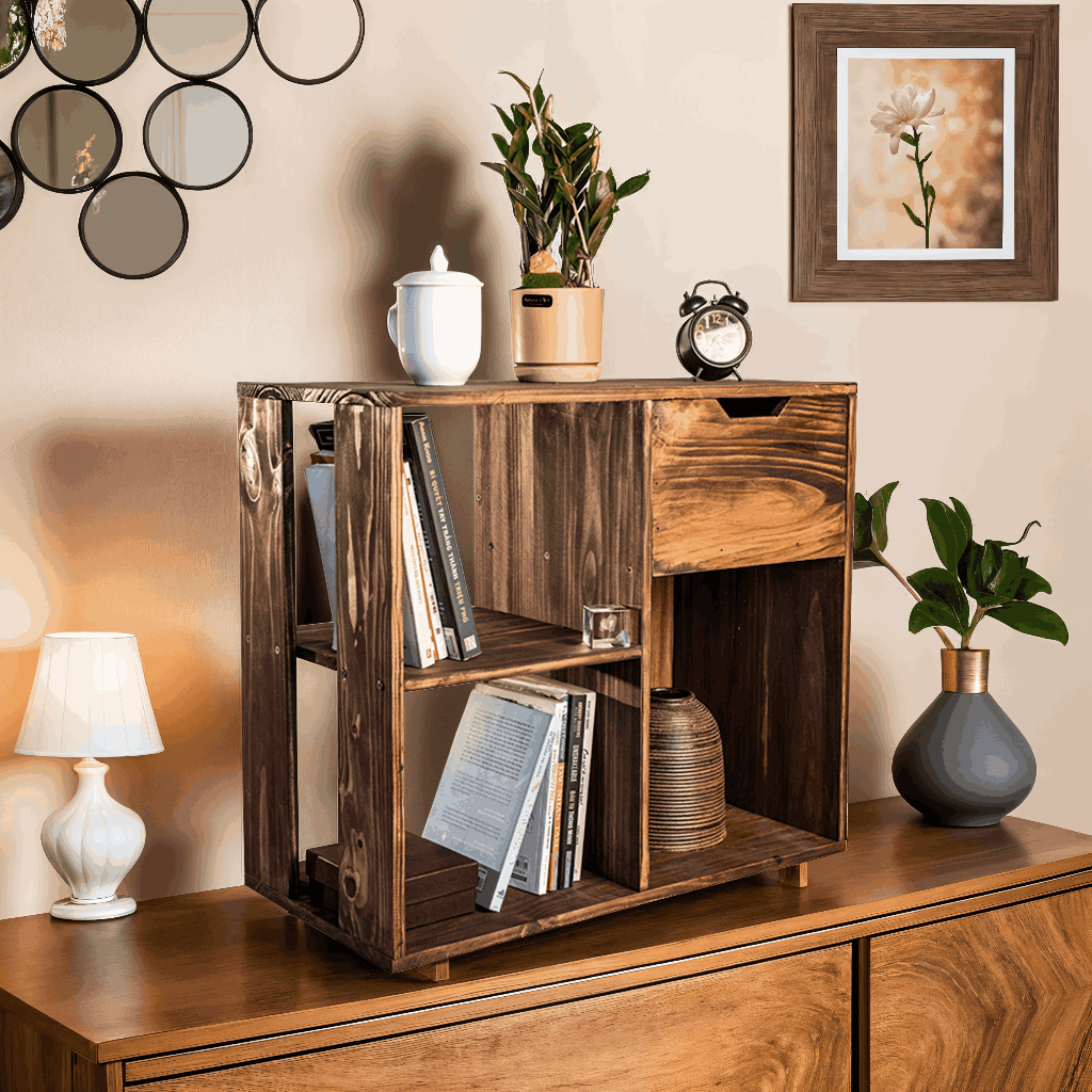Kệ Sách Gỗ Để Sàn Nhà, Kệ Decor Gỗ Đựng Đồ Đa Năng Dễ Dàng Lắp Đặt Chất Liệu Gỗ Thông Cao Cấp TV-D002
