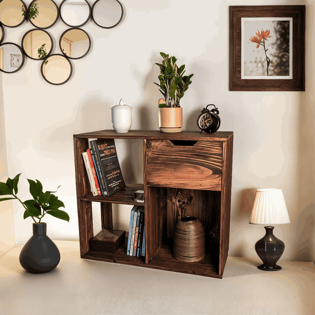 Kệ Sách Gỗ Để Sàn Nhà, Kệ Decor Gỗ Đựng Đồ Đa Năng Dễ Dàng Lắp Đặt Chất Liệu Gỗ Thông Cao Cấp TV-D002
