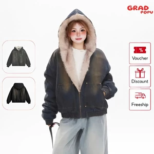 Ao khoác GRADPOPU có mũ trùm đầu lót bông cổ lông dày dặn – Áo khoác jean cotton ấm áp AK92