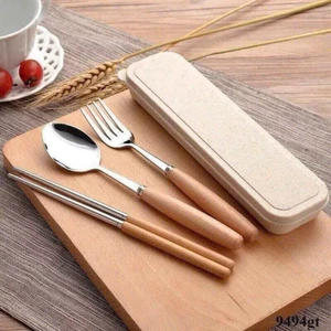 Bộ Muỗng Đũa Nĩa Inox Cán Gỗ / Cán Nhựa – Kèm Hộp Lúa Mạch Tiện Lợi Mang Đi