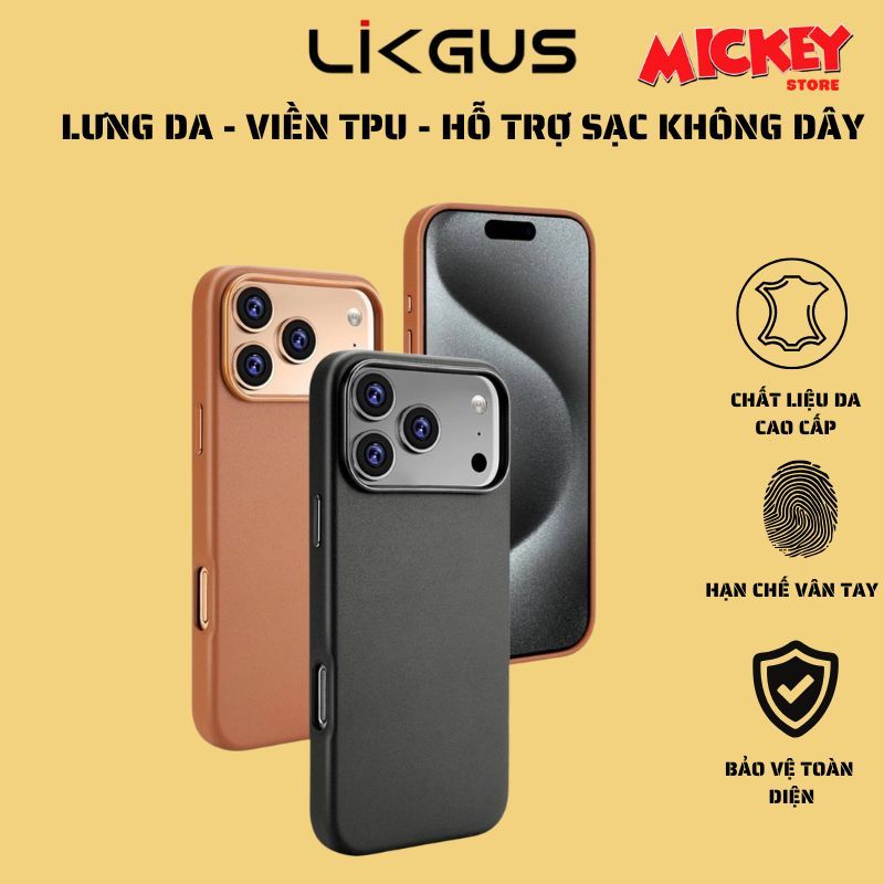 ỐP da Likgus Leather Magnetic chất liệu cao cấp hỗ trợ sạc không dây cho IPhone 17Promax 17Pro