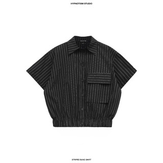 HYPNOTISM | “STRIPED BAND SHIRT” - Áo sơ mi tay ngắn dáng rộng bo gấu - vải cotton nhăn hoạ tiết kẻ sọc unisex
