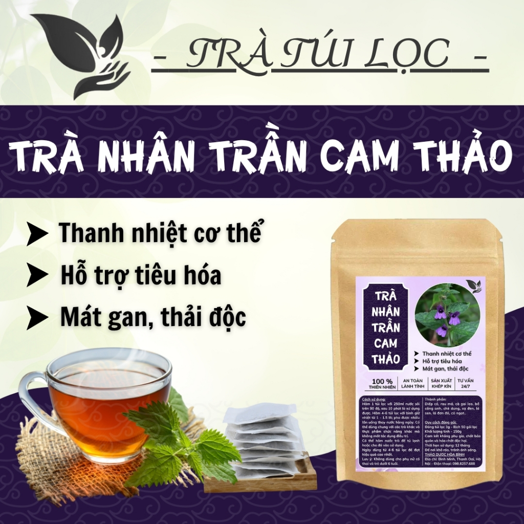 HÒA BÌNH ORGANIC - Trà Túi Lọc Nhân Trần Cam Thảo -Thanh nhiệt, giảm nóng trong, mát gan-Bịch 50 lọc