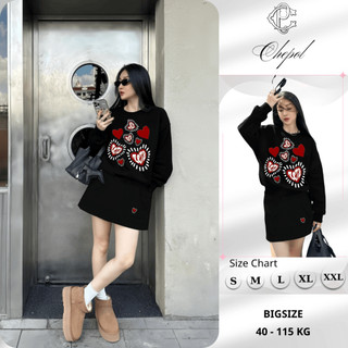 Set Bộ Nỉ Nữ Thu Đông CHEPOL Cổ Tròn, In Trái Tim, Chất Nỉ Chân Cua Cao Cấp ( Áo Sweater Đen + Chân Váy Đen ) - CP_xxx28