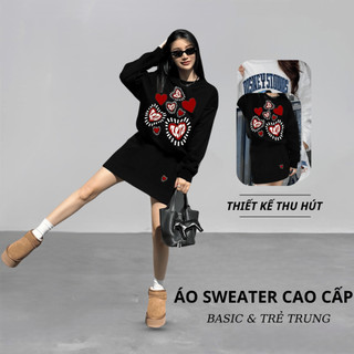 Set Bộ Nỉ Nữ Thu Đông CHEPOL Cổ Tròn, In Trái Tim, Chất Nỉ Chân Cua Cao Cấp ( Áo Sweater Đen + Chân Váy Đen ) - CP_xxx28