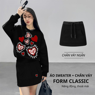 Set Bộ Nỉ Nữ Thu Đông CHEPOL Cổ Tròn, In Trái Tim, Chất Nỉ Chân Cua Cao Cấp ( Áo Sweater Đen + Chân Váy Đen ) - CP_xxx28