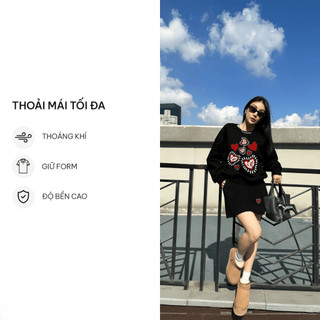 Set Bộ Nỉ Nữ Thu Đông CHEPOL Cổ Tròn, In Trái Tim, Chất Nỉ Chân Cua Cao Cấp ( Áo Sweater Đen + Chân Váy Đen ) - CP_xxx28
