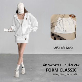 Set Bộ Nỉ Nữ Thu Đông CHEPOL Cổ Khóa, In Chú Gấu, Chất Nỉ Chân Cua Cao Cấp ( Áo Hoodie Khóa + Chân Váy Nỉ) -CP_xx441