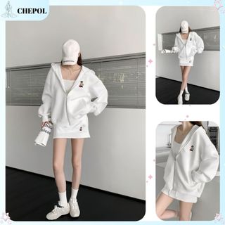 Set Bộ Nỉ Nữ Thu Đông CHEPOL Cổ Khóa, In Chú Gấu, Chất Nỉ Chân Cua Cao Cấp ( Áo Hoodie Khóa + Chân Váy Nỉ) -CP_xx441