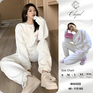 Set Bộ Nỉ Nữ Thu Đông CHEPOL Cổ Tròn, In Chú Gấu, Chất Nỉ Chân Cua Cao Cấp ( Áo Sweater Trắng + Quần Dài Trắng)-CP_14964