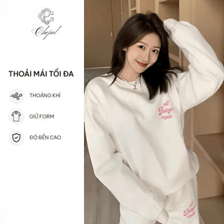 Set Bộ Nỉ Nữ Thu Đông CHEPOL Cổ Tròn, In Chú Gấu, Chất Nỉ Chân Cua Cao Cấp ( Áo Sweater Trắng + Quần Dài Trắng)-CP_14964
