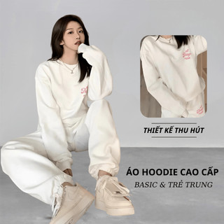 Set Bộ Nỉ Nữ Thu Đông CHEPOL Cổ Tròn, In Chú Gấu, Chất Nỉ Chân Cua Cao Cấp ( Áo Sweater Trắng + Quần Dài Trắng)-CP_14964