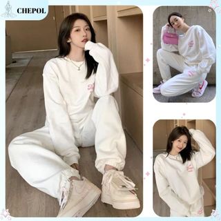 Set Bộ Nỉ Nữ Thu Đông CHEPOL Cổ Tròn, In Chú Gấu, Chất Nỉ Chân Cua Cao Cấp ( Áo Sweater Trắng + Quần Dài Trắng)-CP_14964