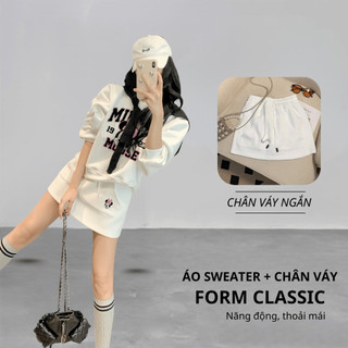 Set Bộ Nỉ Nữ Thu Đông CHEPOL Cổ Tròn, In mickey, Chất Nỉ Chân Cua Cao Cấp ( Áo Sweater Trắng + Chân Váy Trắng )-CP_xx546