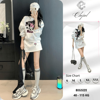 Set Bộ Nỉ Nữ Thu Đông CHEPOL Cổ Tròn, In mickey, Chất Nỉ Chân Cua Cao Cấp ( Áo Sweater Trắng + Chân Váy Trắng )-CP_xx546