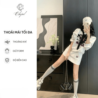 Set Bộ Nỉ Nữ Thu Đông CHEPOL Cổ Tròn, In mickey, Chất Nỉ Chân Cua Cao Cấp ( Áo Sweater Trắng + Chân Váy Trắng )-CP_xx546