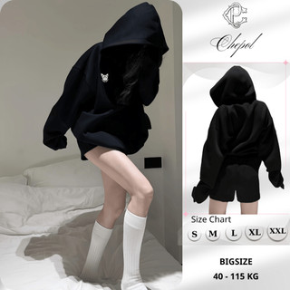 Set Bộ Nỉ Nữ Thu Đông CHEPOL Mũ Trùm Đầu, In Chú Mèo, Chất Nỉ Chân Cua Cao Cấp ( Áo Hoodie Đen + Quần Đùi Đen )-CP_xx535