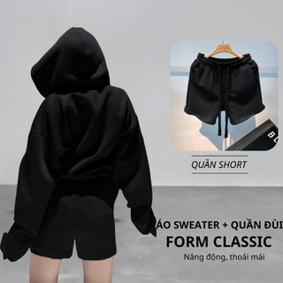 Set Bộ Nỉ Nữ Thu Đông CHEPOL Mũ Trùm Đầu, In Chú Mèo, Chất Nỉ Chân Cua Cao Cấp ( Áo Hoodie Đen + Quần Đùi Đen )-CP_xx535