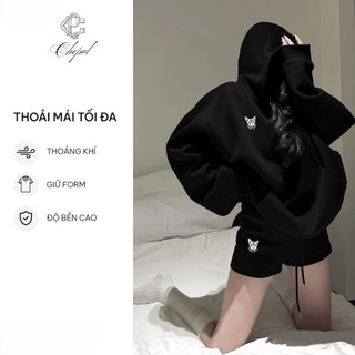 Set Bộ Nỉ Nữ Thu Đông CHEPOL Mũ Trùm Đầu, In Chú Mèo, Chất Nỉ Chân Cua Cao Cấp ( Áo Hoodie Đen + Quần Đùi Đen )-CP_xx535