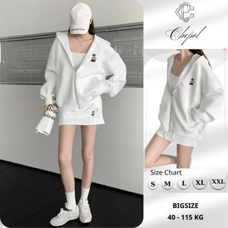 Set Bộ Nỉ Nữ Thu Đông CHEPOL Cổ Khóa, In Chú Gấu, Chất Nỉ Chân Cua Cao Cấp ( Áo Hoodie Khóa + Chân Váy Nỉ) -CP_xx441