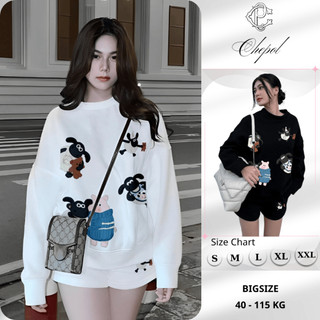 Set Bộ Nỉ Nữ Thu Đông CHEPOL Cổ Tròn, In Chú Cừu, Chất Nỉ Chân Cua Cao Cấp( Áo Sweater Trắng + Quần Đùi Trắng )-CP_x4077