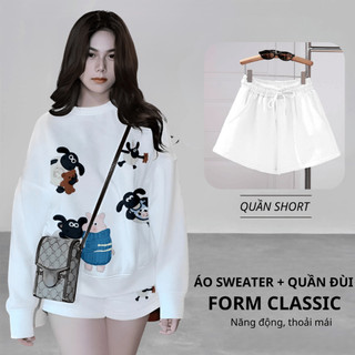 Set Bộ Nỉ Nữ Thu Đông CHEPOL Cổ Tròn, In Chú Cừu, Chất Nỉ Chân Cua Cao Cấp( Áo Sweater Trắng + Quần Đùi Trắng )-CP_x4077
