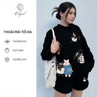 Set Bộ Nỉ Nữ Thu Đông CHEPOL Cổ Tròn, In Chú Cừu, Chất Nỉ Chân Cua Cao Cấp( Áo Sweater Trắng + Quần Đùi Trắng )-CP_x4077