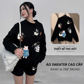 Set Bộ Nỉ Nữ Thu Đông CHEPOL Cổ Tròn, In Chú Cừu, Chất Nỉ Chân Cua Cao Cấp( Áo Sweater Trắng + Quần Đùi Trắng )-CP_x4077