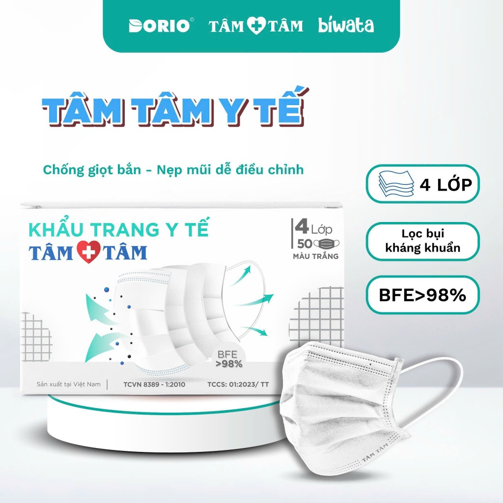 Hộp 50 cái khẩu trang y tế 4 lớp bảo vệ TÂM TÂM, ngăn ngừa bụi bẩn