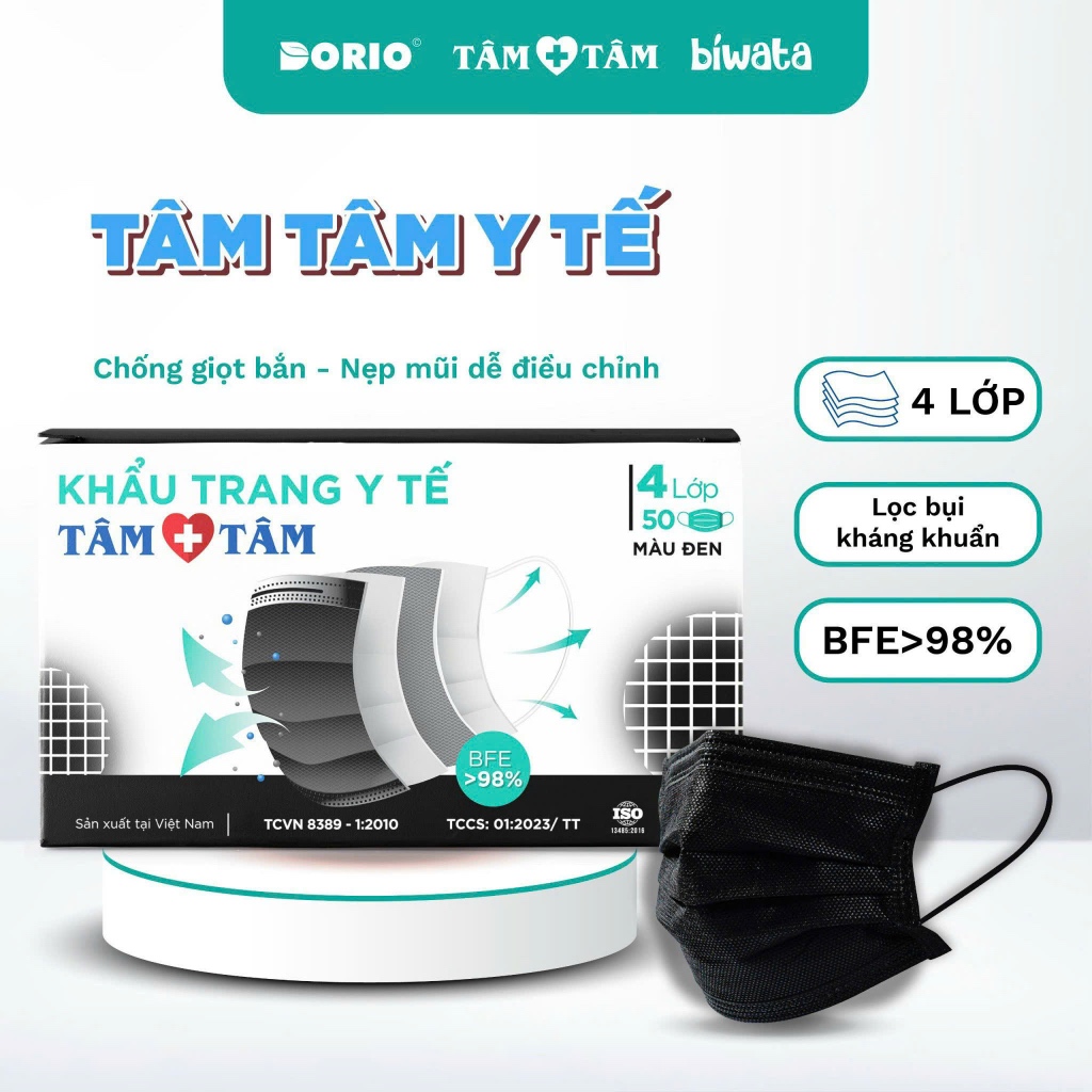 Hộp 50 cái khẩu trang y tế 4 lớp bảo vệ TÂM TÂM, ngăn ngừa bụi bẩn