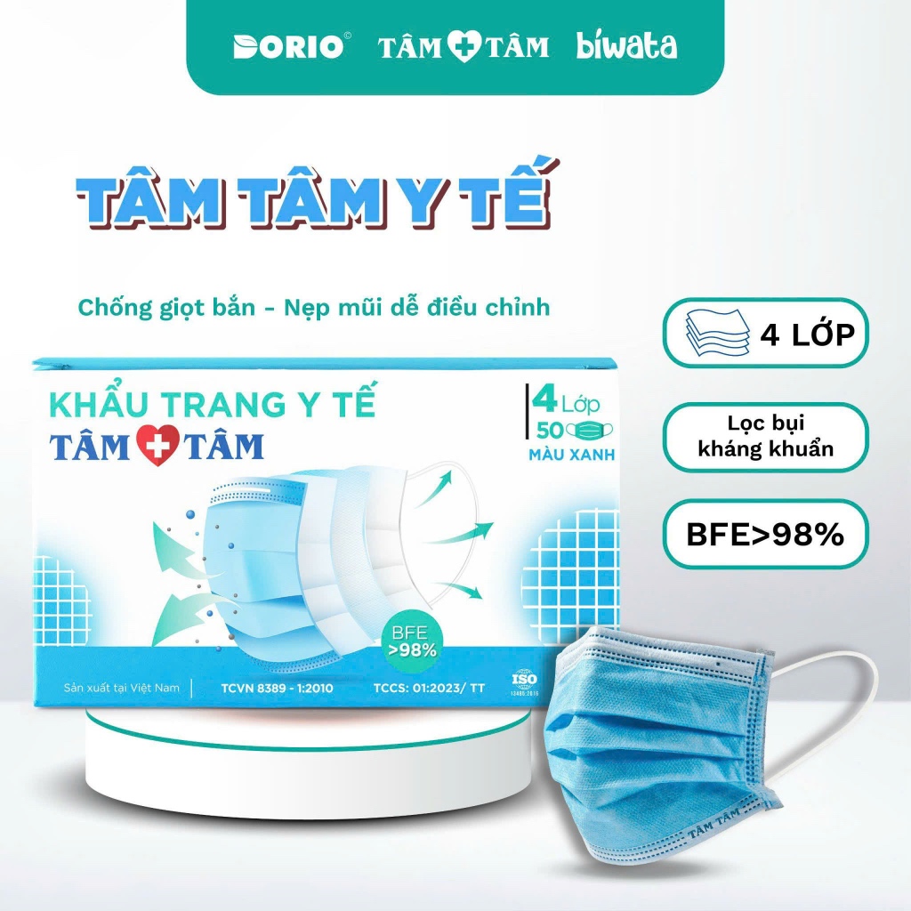 Hộp 50 cái khẩu trang y tế 4 lớp bảo vệ TÂM TÂM, ngăn ngừa bụi bẩn