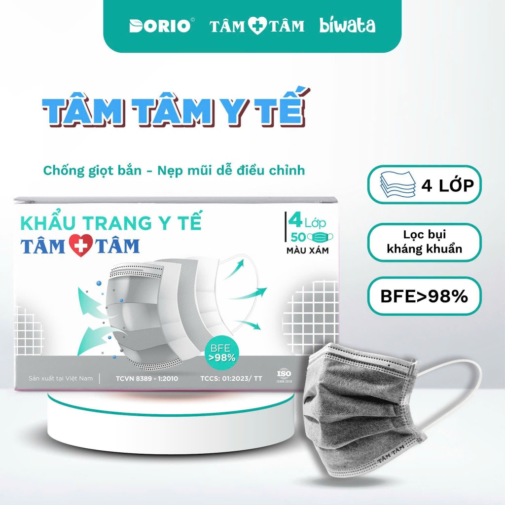 Hộp 50 cái khẩu trang y tế 4 lớp bảo vệ TÂM TÂM, ngăn ngừa bụi bẩn