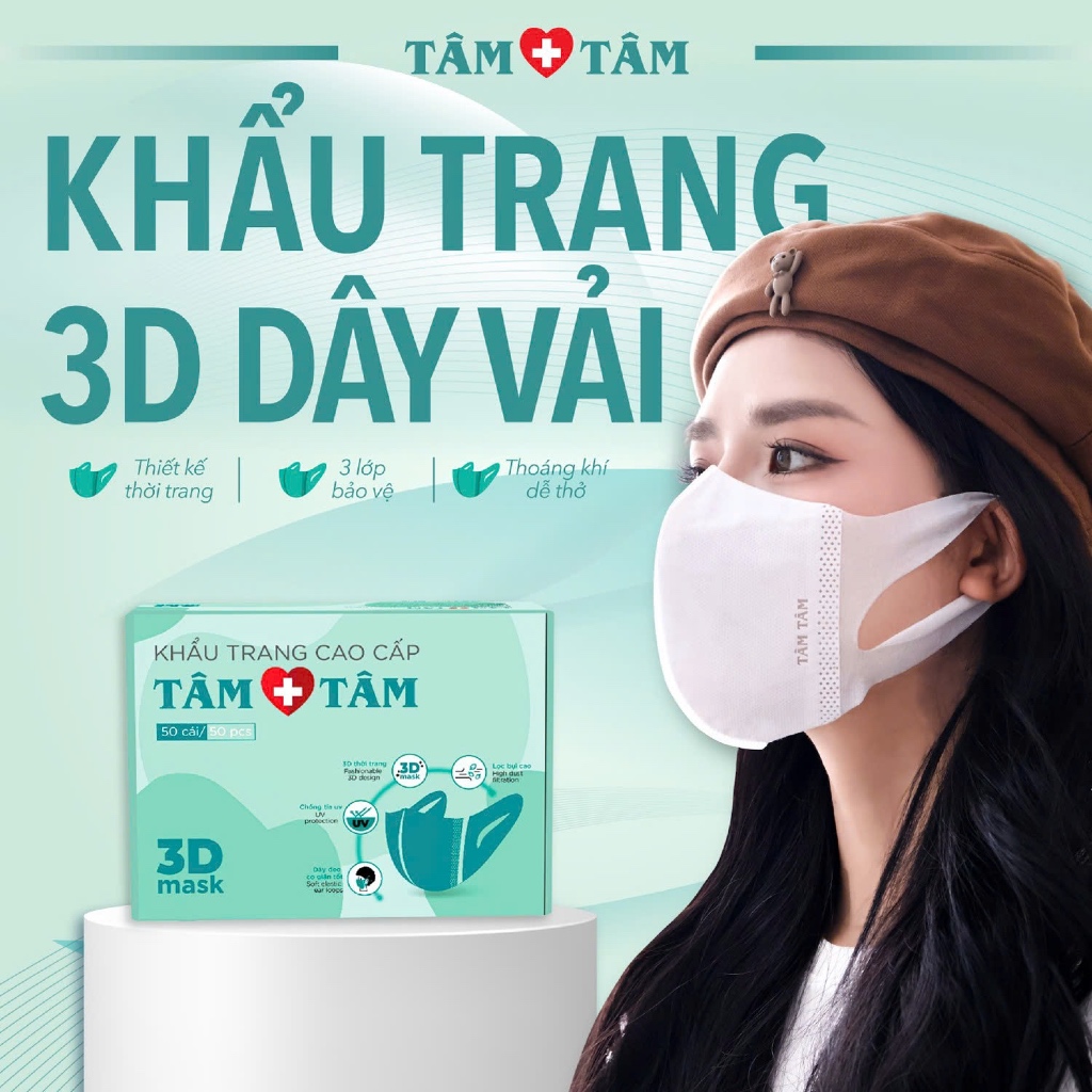 Hộp 50 cái khẩu trang thời trang 3D TÂM TÂM 3 lớp bảo vệ, quai đeo mềm mại, ngăn bụi