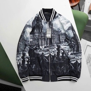 Áo Khoác Gió Bomber Họa Tiết Kiến Trúc & Chim Bay, Unisex 2 Lớp Thời Trang Dành Cho Nam Nữ Boy Phố 2025