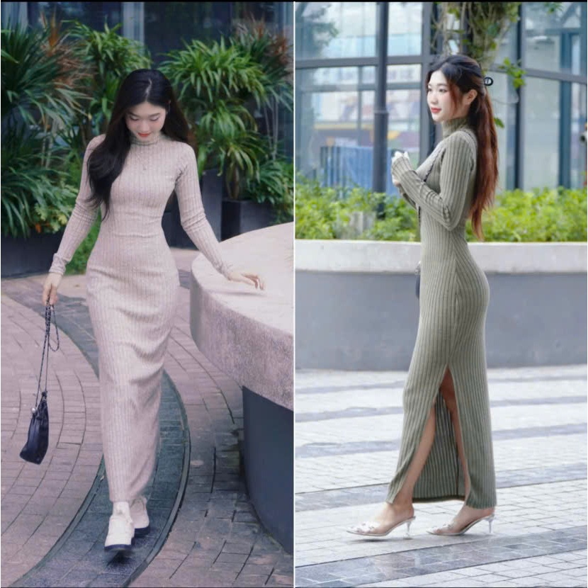 Gladimax Váy V360len ôm dáng dài ôm xẻ sườn cổ 3 phân chất liệu len dũa Gladimax váy maxi mùa đông body dài tay Gladimax