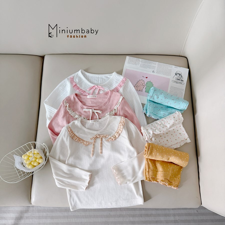 Set bộ dài tay bé gái bánh bèo nơ cổ Miniumbaby mix quần suông, chất cotton mềm thoáng khí SB2521
