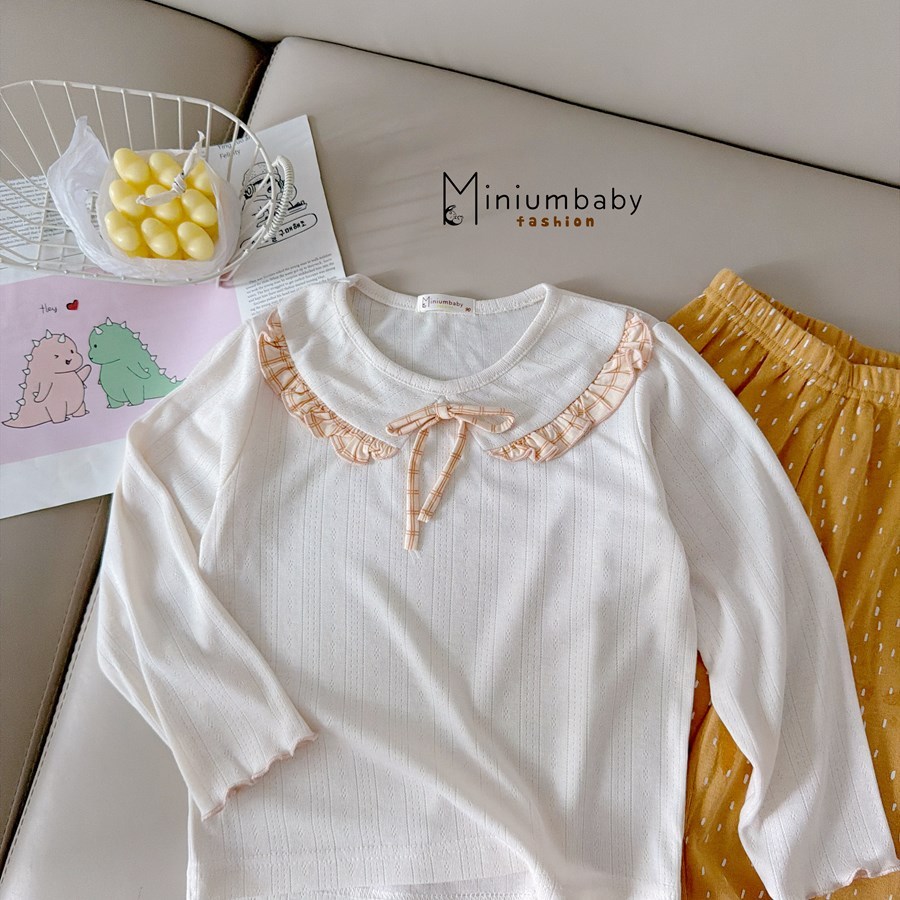 Set bộ dài tay bé gái bánh bèo nơ cổ Miniumbaby mix quần suông, chất cotton mềm thoáng khí SB2521