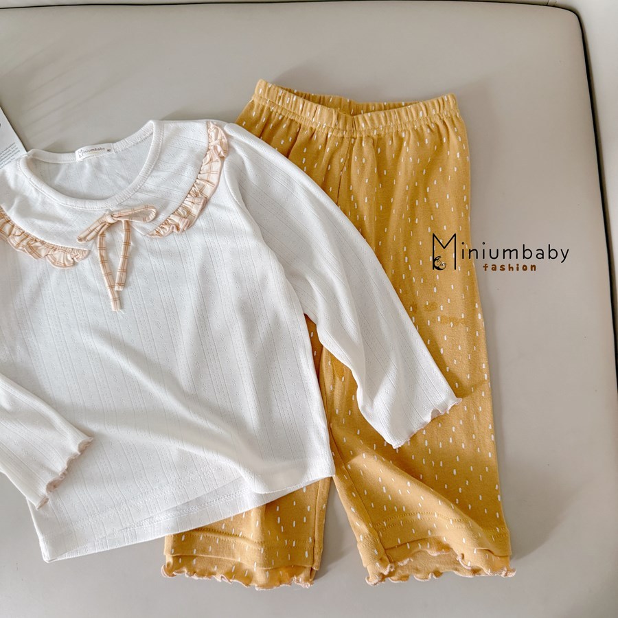 Set bộ dài tay bé gái bánh bèo nơ cổ Miniumbaby mix quần suông, chất cotton mềm thoáng khí SB2521