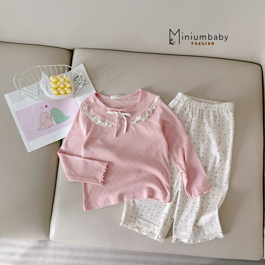 Set bộ dài tay bé gái bánh bèo nơ cổ Miniumbaby mix quần suông, chất cotton mềm thoáng khí SB2521