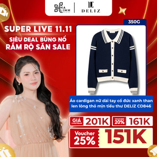 [DELIZ] - Áo cardigan nữ dài tay cổ đức xanh than len lông thỏ mịn tiểu thư CD846 DELIZ 300G LIVE