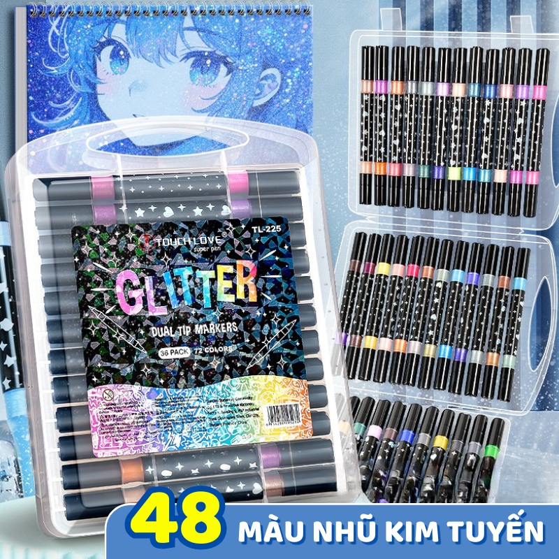 Bộ Bút Vẽ Lấp Lánh 36 Chiếc 72 Màu Nhũ - Bút Lông Đầu Mềm Nhanh Khô, An Toàn Sáng Tạo Cho Bé