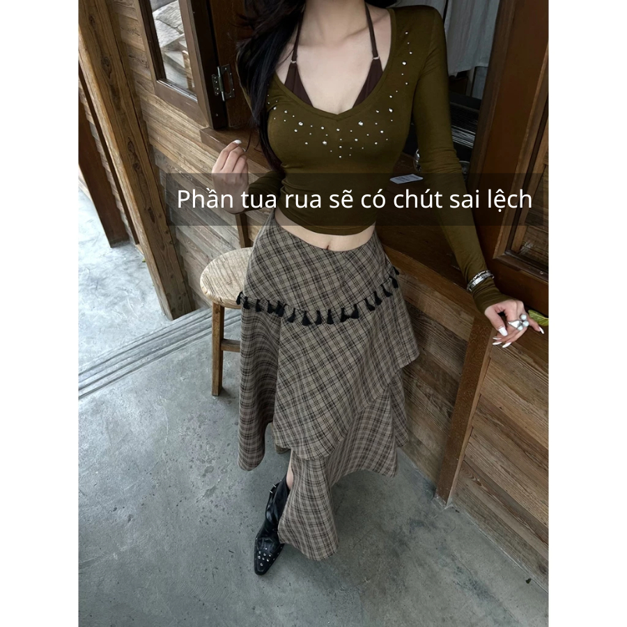 [KH11] Chân váy caro dáng dài tà bất đối xứng phối tua rua vintage thời trang nữ | KHAO Boutique