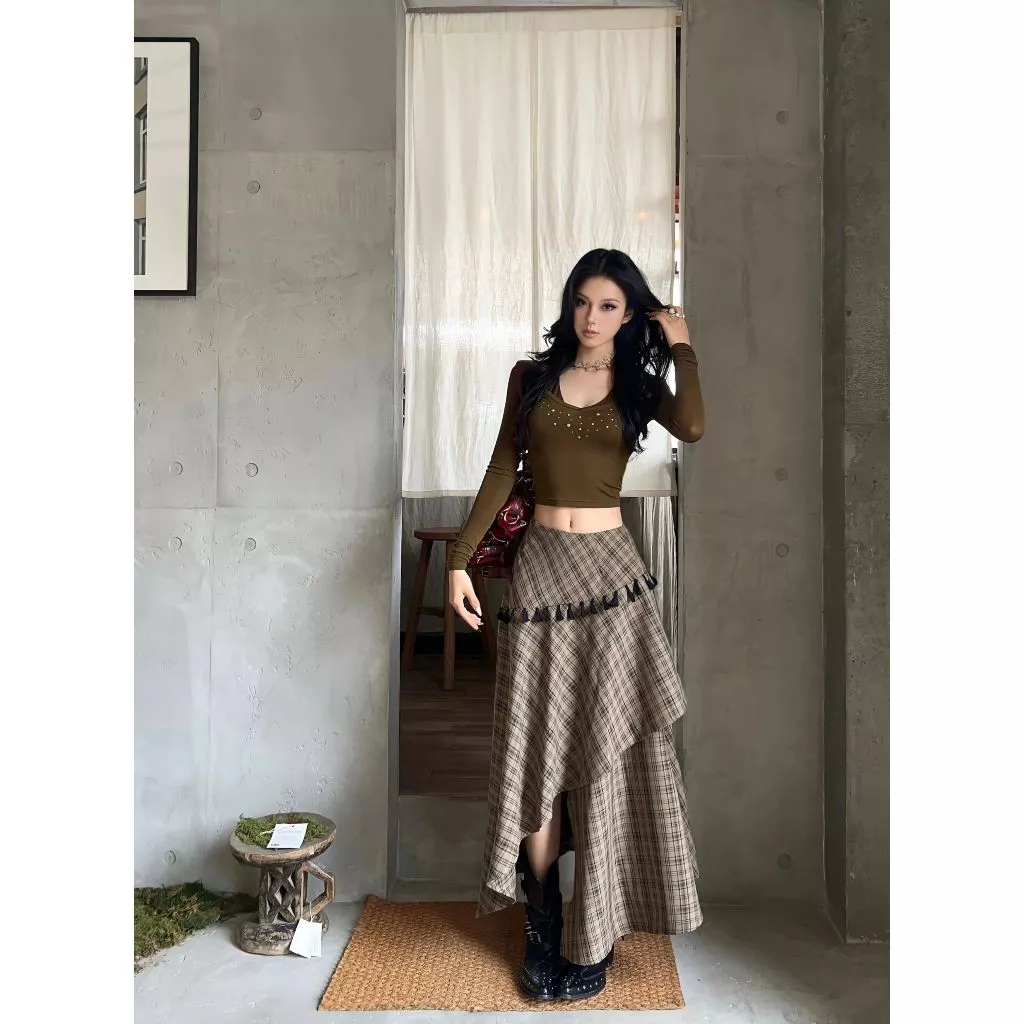 [KH11] Chân váy caro dáng dài tà bất đối xứng phối tua rua vintage thời trang nữ | KHAO Boutique