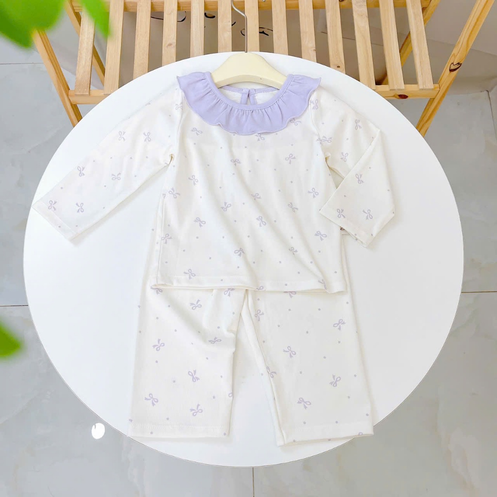 Bộ dài tay bé gái Lyocell Lá Homewear A348,  đồ dài cho bé cổ bèo xinh xắn hoa nhí nơ