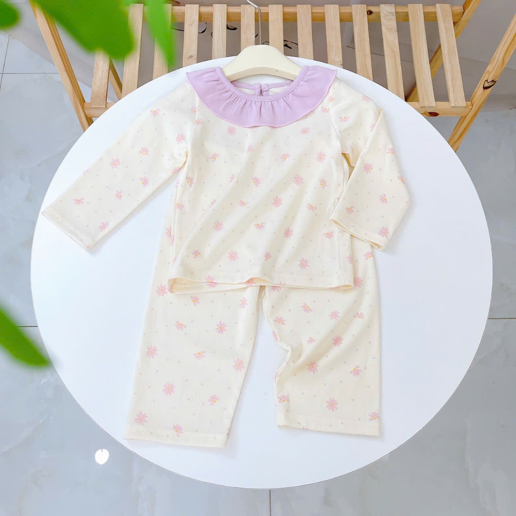 Bộ dài tay bé gái Lyocell Lá Homewear A348,  đồ dài cho bé cổ bèo xinh xắn hoa nhí nơ