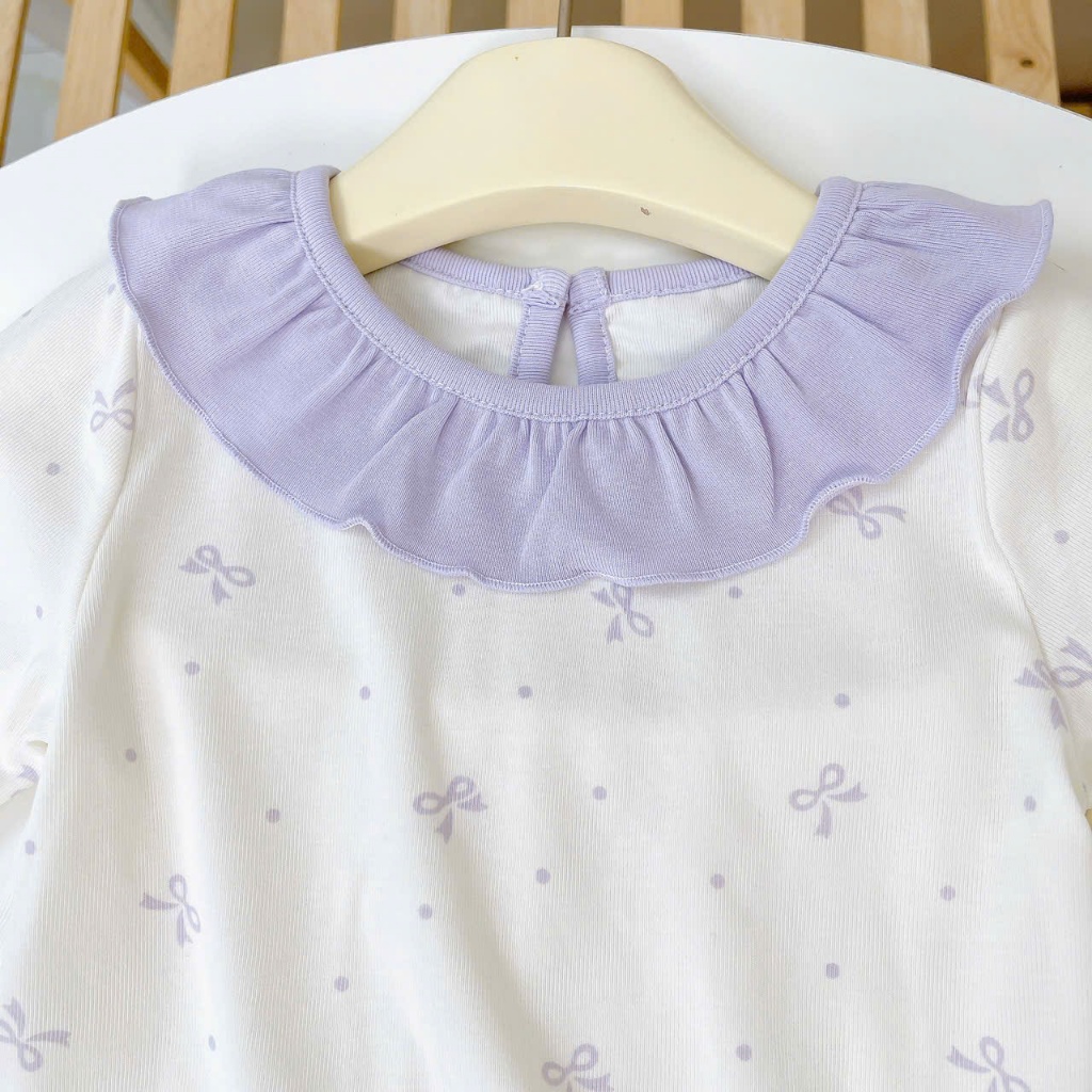 Bộ dài tay bé gái Lyocell Lá Homewear A348,  đồ dài cho bé cổ bèo xinh xắn hoa nhí nơ