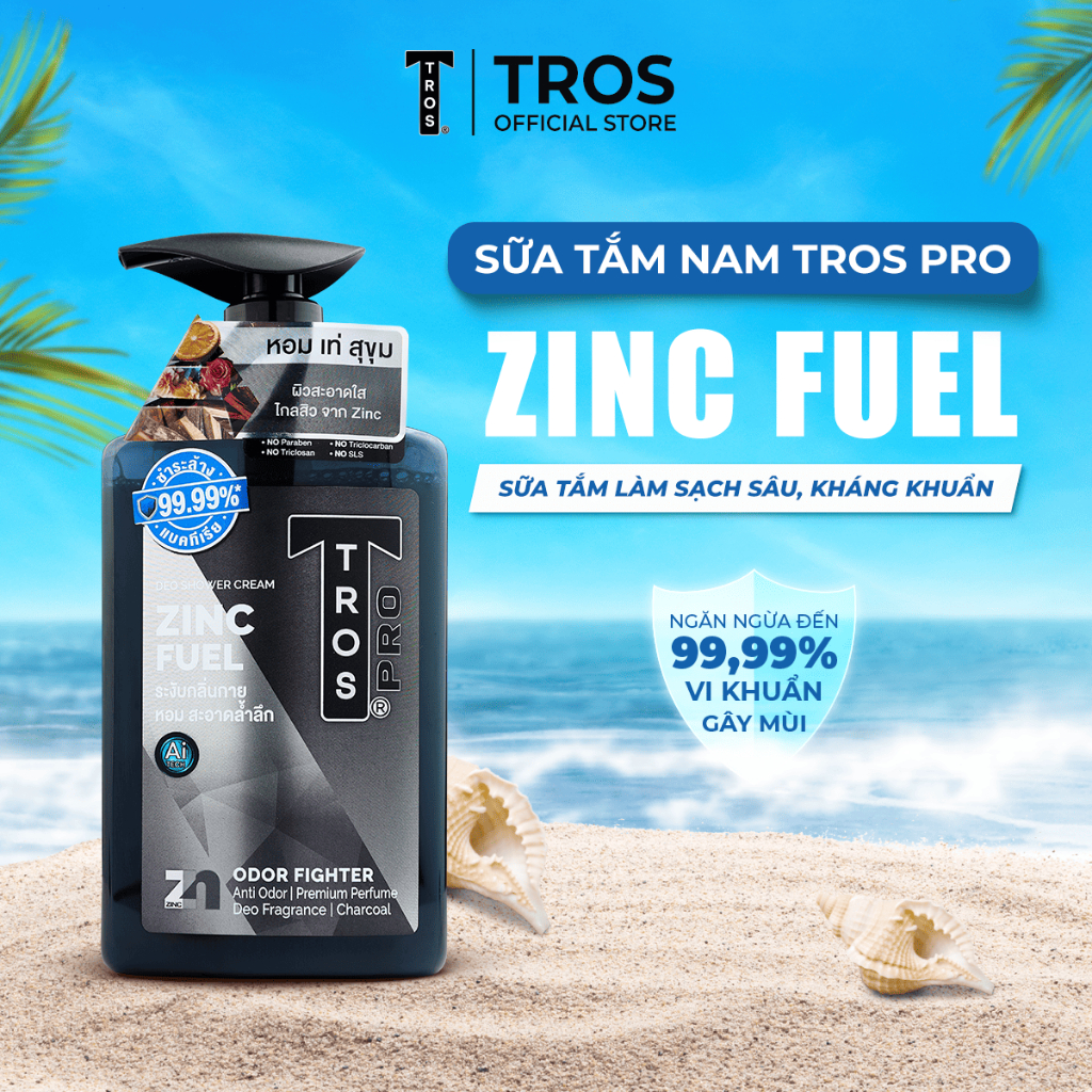 Sữa Tắm Nam TROS ZINC FUEL Thái Lan, Kháng Khuẩn, Sạch Sâu Lỗ Chân Lông, Ngăn Mụn 450ml